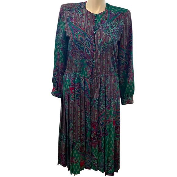 Size 14 Schrader Womens 1980s Polyester Dress Shoulder Pads Pleated Green Purple - Picture 1 of 9